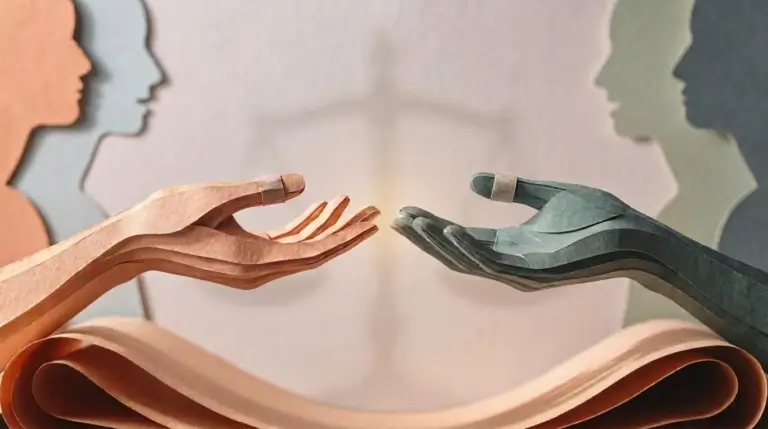 illustration de type "paper-cut" montrant deux mains tendues l'une vers l'autre